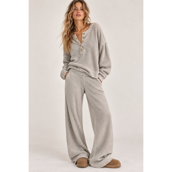 Free People Sweaters - Free People FP Beach Hailee Set Waffle Knit Henley & Wide Leg Light Grey Medium